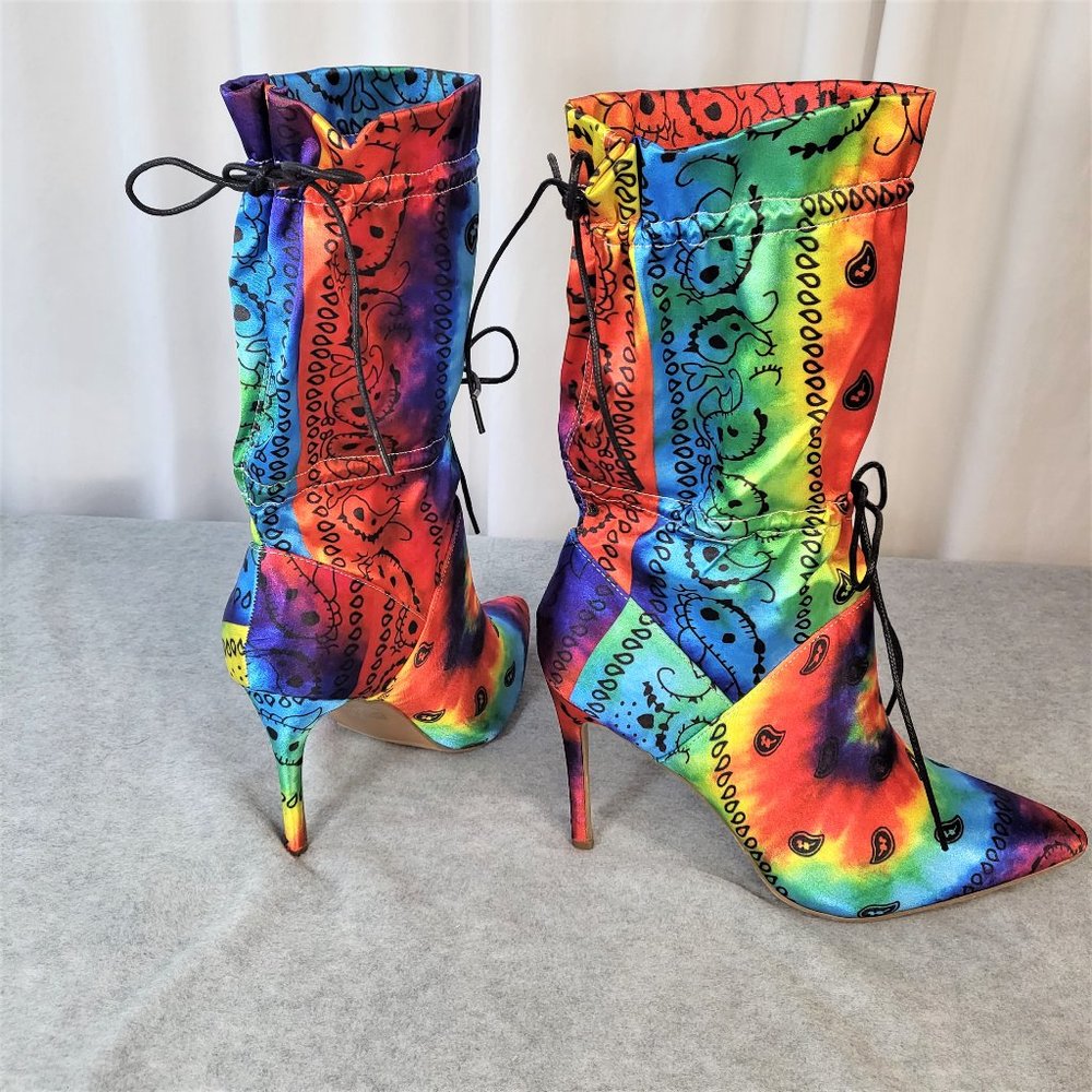 * Mata Bold Tie Dye Drawstring 4" Stiletto High Heel Mid Calf Boots - Picture 3 of 11